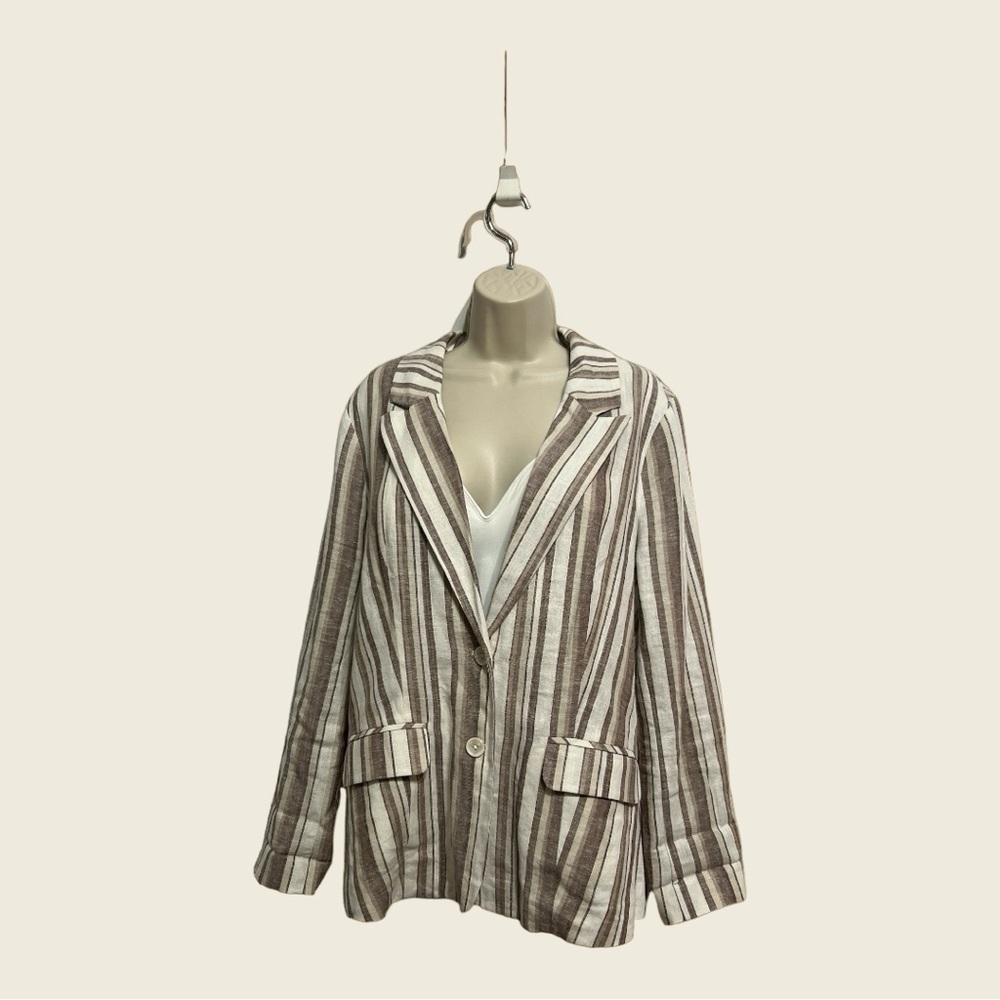 Versona Linen Blend Blazer Full Length Sleeves Cream, Beige, Taupe Stripes L